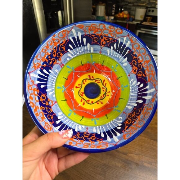 Hand-Painted Ceramic Bowl From Spain With Vibrant Blue Orange & Yellow Patterns - Picture 4 of 16